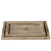 Fast Delivery Rustic 2 Pieces Nesting Wood Serving Tray with Metal Handles
